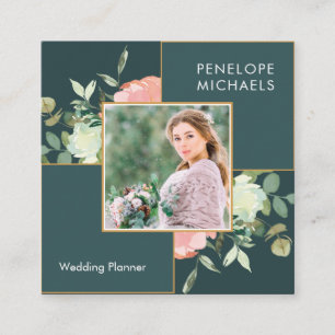 Dunkelblau grün mit floralem Bouquet-Foto Quadratische Visitenkarte