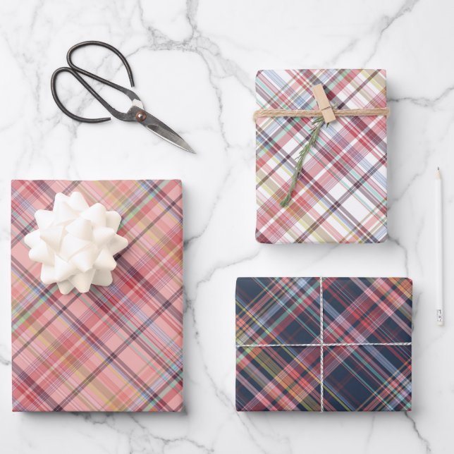 Dunkelblau hellblau Korallenrot Rosa Kariert Geschenkpapier Set (Vorderseite)