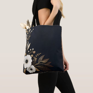 Dunkelblau mit goldenen und weißen Blume Tasche