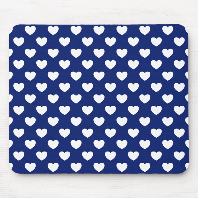 Dunkelblau mit weißem Herzen Polka-Dot-Muster Mousepad (Vorne)