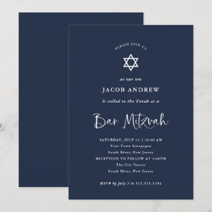 Dunkelblau mit weißer Kalligrafie   Bar Mitzvah Einladung