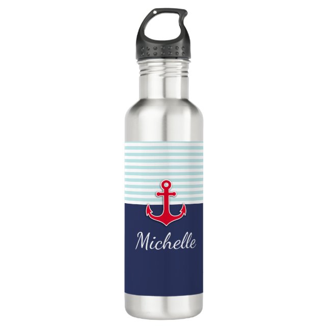Dunkelblau, nautischer Roter Anker Personalisiert Trinkflasche (Vorderseite)