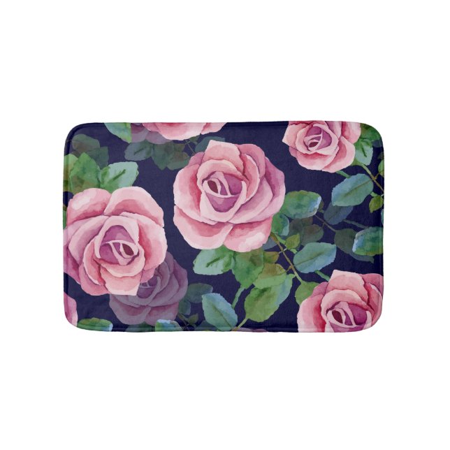 Dunkelblau, rosa Rosen Wasserfarbe. Badematte (Vorderseite)