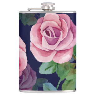 Dunkelblau, rosa Rosen Wasserfarbe. Flachmann