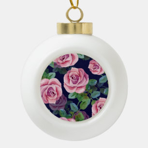 Dunkelblau, rosa Rosen Wasserfarbe. Keramik Kugel-Ornament