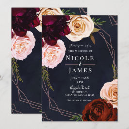 Dunkelblau & Rose Gold Moderne Rustikale Blumenhoc Einladung