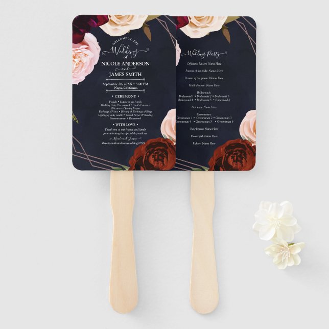 Dunkelblau & Rose Gold Moderne Rustikale Blumenhoc Fächer (Vorne und Hinten)