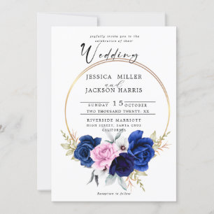 Dunkelblau   Royal Blue Blush Pink Floral Wedding Einladung