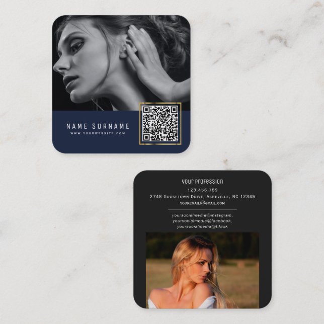 Dunkelblau scannierbarer Strichcode QR-Foto  Quadratische Visitenkarte (Vorne/Hinten)
