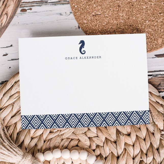 Dunkelblau | Seepferd Personalisiert Stationery Fl Mitteilungskarte (Von Creator hochgeladen)