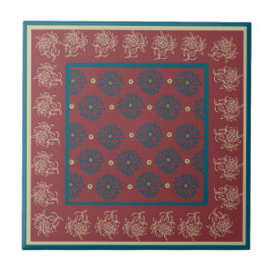 Dunkelblau und Beige Blumenmuster auf Deep Red Fliese