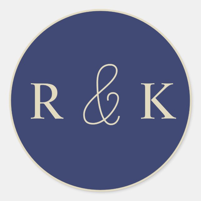 Dunkelblau und Beige Mit Monogramm Runder Aufkleber (Vorderseite)