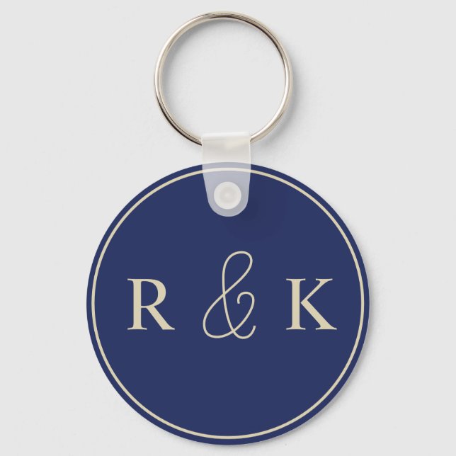 Dunkelblau und Beige Mit Monogramm Schlüsselanhänger (Vorderseite)