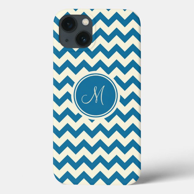 Dunkelblau und beige Retro-Zickzack Monogramm Case-Mate iPhone Hülle (Rückseite)