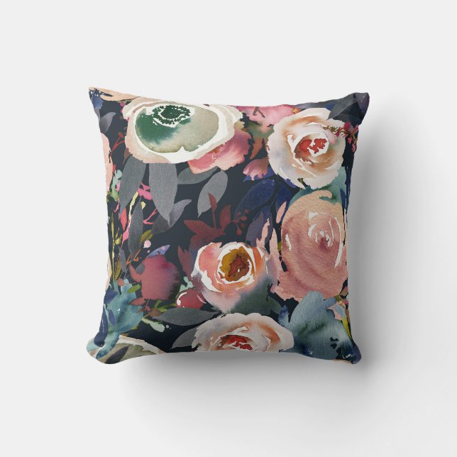 Dunkelblau und blau rosa Aquarellfarben Blumenchor Kissen (Vorderseite)