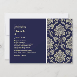 Dunkelblau und Creme Damask Einladung zur Hochzeit