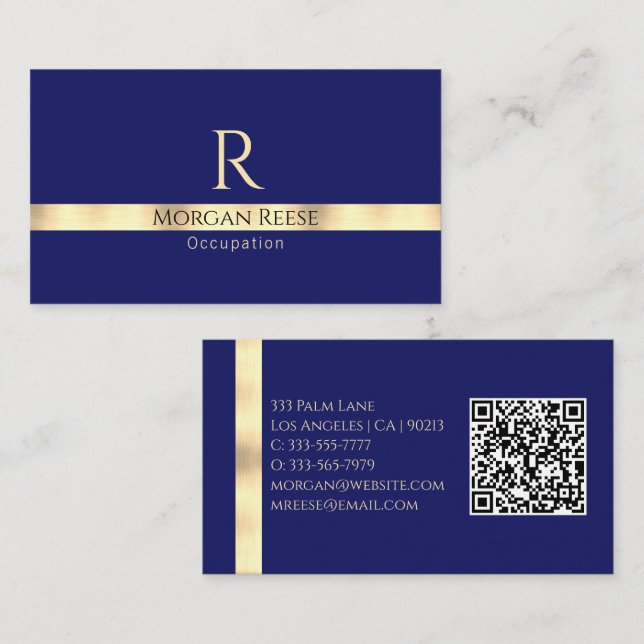 Dunkelblau und Gold, QR-Code und Monogramm generie Visitenkarte (Vorne/Hinten)