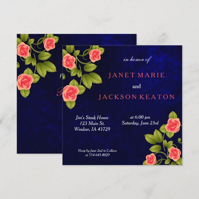 Dunkelblau und Korallen Rose Blume Hochzeit Einladung (Vorne/Hinten)