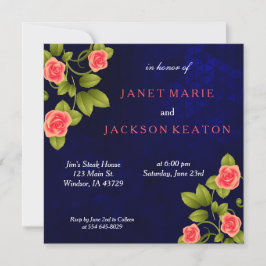 Dunkelblau und Korallen Rose Blume Hochzeit Einladung
