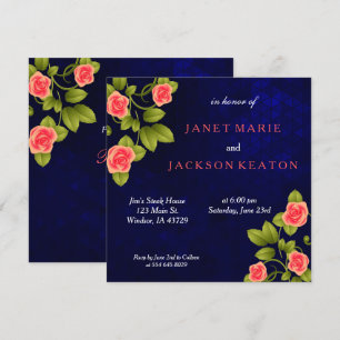 Dunkelblau und Korallen Rose Blume Hochzeit Einladung