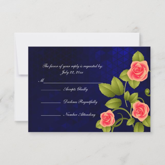 Dunkelblau und Korallen Rose Blume Hochzeit RSVP Karte (Vorderseite)