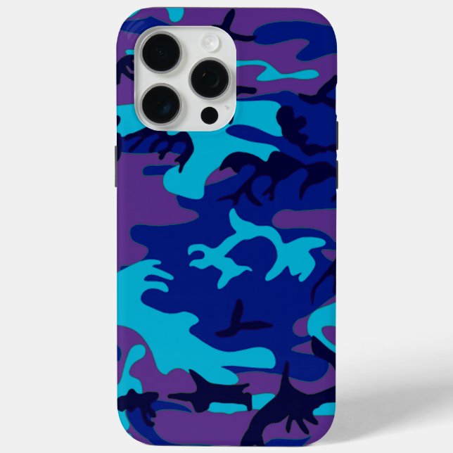 Dunkelblau und Lila Camouflage iPhone 15 Pro Max Hülle (Rückseite)