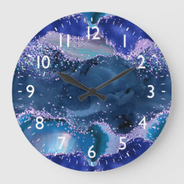 Dunkelblau und Lila Glitzer Große Wanduhr