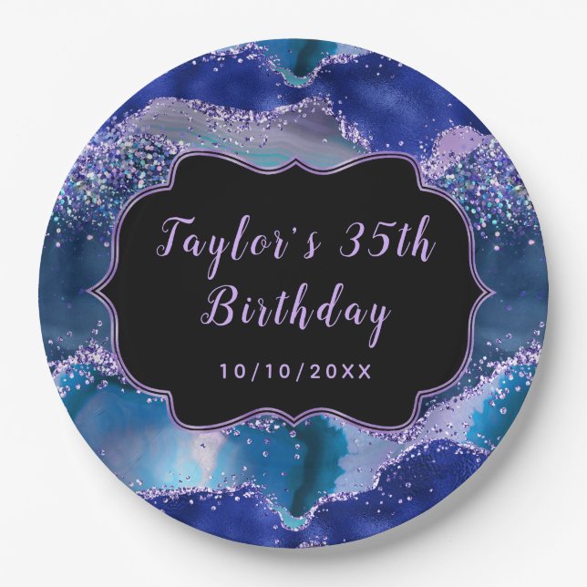 Dunkelblau und Lila Ozean Agate Geburtstag Pappteller (Vorderseite)