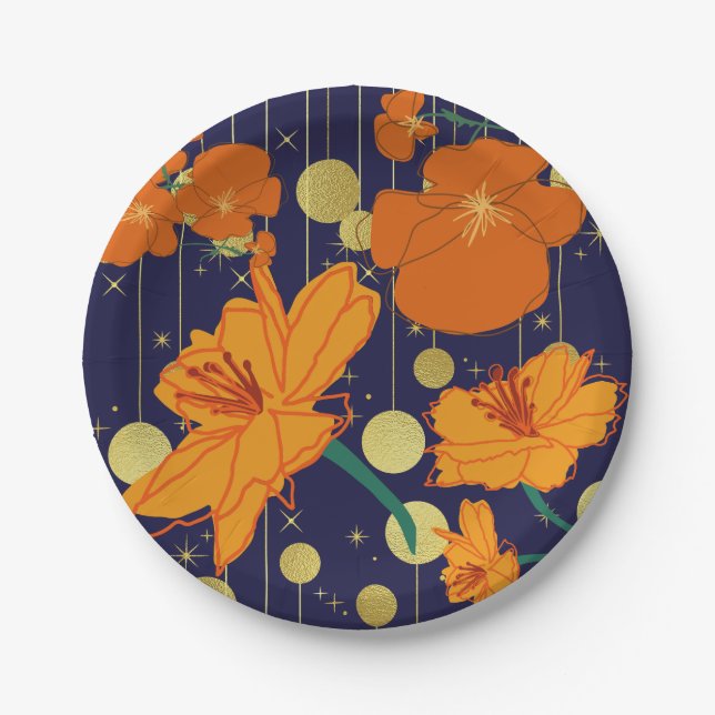 DUNKELBLAU UND ORANGE BLUME PAPPTELLER (Vorderseite)