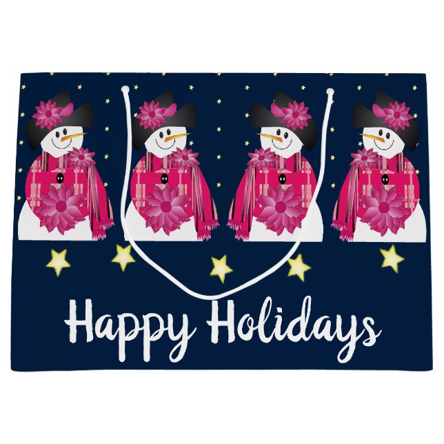 Dunkelblau und rosa Schneemann Große Geschenktüte (Vorderseite)