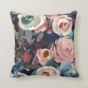 Dunkelblau und rosafarbenes Aquarell Blumen Chic Kissen