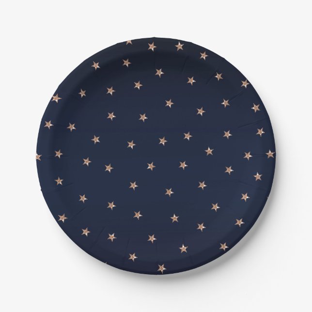 Dunkelblau und Rose Gold Pink Glitterie Stars Pappteller (Vorderseite)
