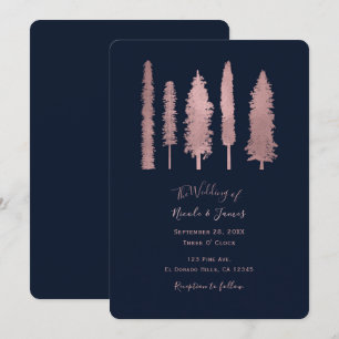 Dunkelblau und Rose Goldwald-Waldbaumen Hochzeiten Einladung