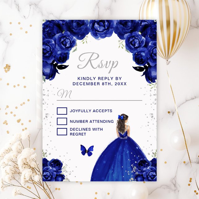 Dunkelblau und silber Brünette Haarprinzessin RSVP Karte (Von Creator hochgeladen)