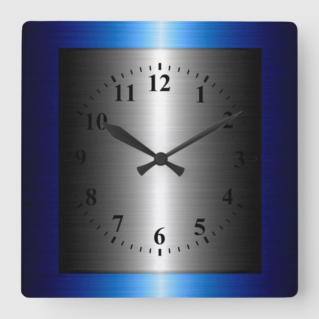 Dunkelblau und silber Edelstahlmetall Quadratische Wanduhr (Vorderseite)