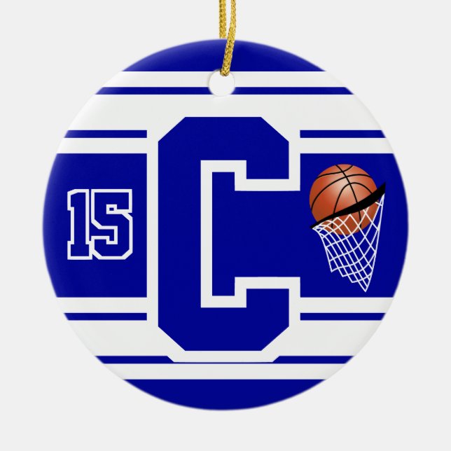 Dunkelblau und Weiß Basketball-DIY-Letter Keramik Ornament (Vorne)