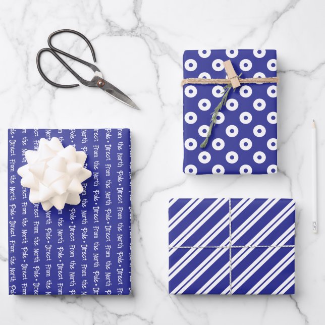 Dunkelblau und Weiß koordinierte Weihnachten Geschenkpapier Set (Vorderseite)