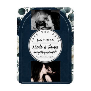 Dunkelblau und Weiß Moderne Blumengrün Rett Datum Magnet