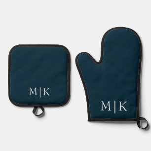 Dunkelblau und weiß Modernes Monogramm Ofenhandschuh & Topflappen-Set