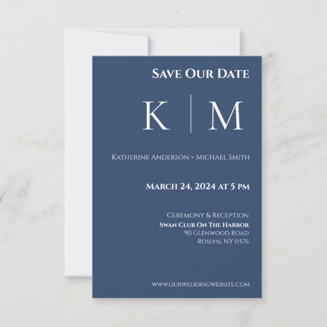 Dunkelblau und Weiß-Monogramm-Hochzeit- Save The Date (Vorderseite)