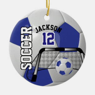 ⚽ Dunkelblau und Weiß personalisieren Fußball Keramik Ornament