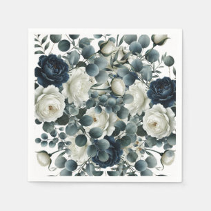 Dunkelblau- und weiße moderne Floral-Grün-Hochzeit Serviette