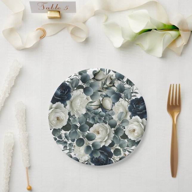 Dunkelblau & weiß Moderne Blumengrün Hochzeit Pappteller (Hochzeit)
