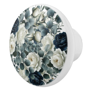 Dunkelblau & weiß Moderne Blumengrün Keramikknauf