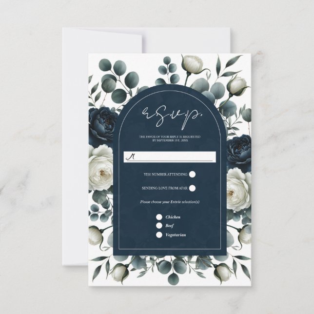 Dunkelblau & weiß Moderne Blumengrün UAWG RSVP Karte (Vorderseite)