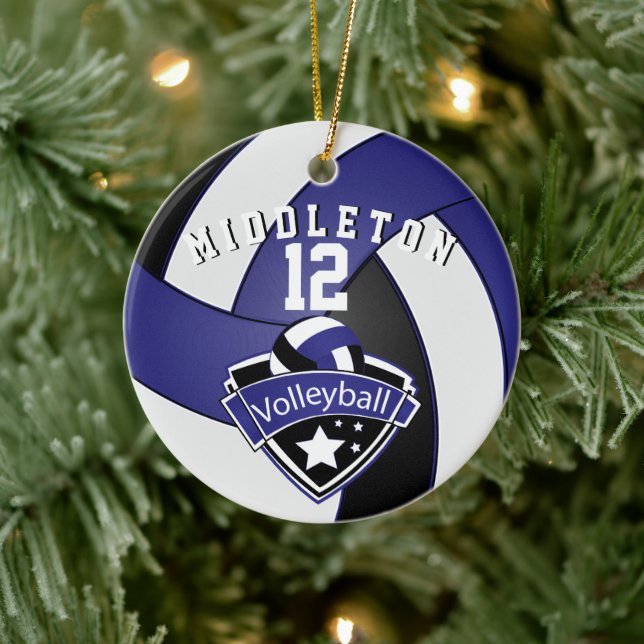Dunkelblau, weiß und schwarz personalisieren 🏐 Vo Keramik Ornament (Baum)