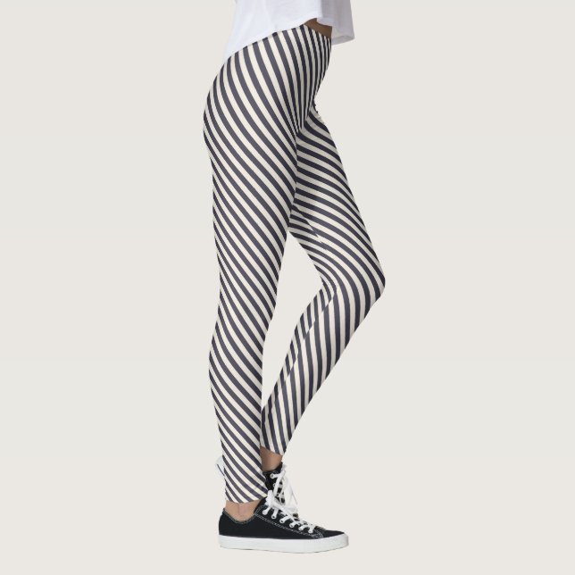 Dunkelblau-weiße Diagonalstreifen-Muster Leggings (Rechts)