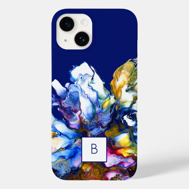 Dunkelblaue Abstrakte Fluid Art Mit Monogramm Case-Mate iPhone 14 Hülle (Rückseite)