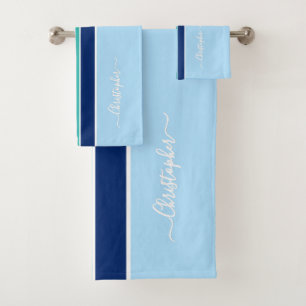 Dunkelblaue, Aquamarine Streifen Monogramm Badhandtuch Set
