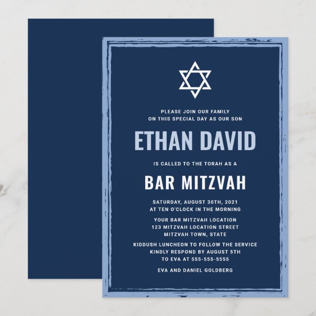 Dunkelblaue Bar mitzvah-Einladung mit rauer Grenze Einladung (Vorne/Hinten)